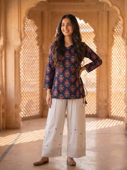 FASHOR - Multi-Color Floral Round Neck Kurti & Pant