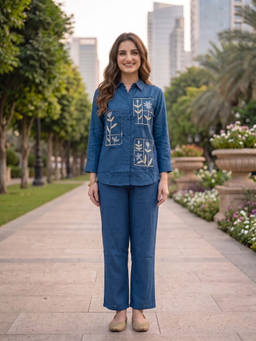 FASHOR - Navy Blue Embroidered Collar Neck Co-ord Set