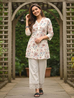 FASHOR - Cream Floral V-Neck Kurti & Pant