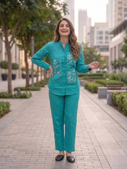 FASHOR - Turquoise Embroidered Mandarin Neck Co-ord Set