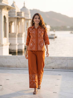 FASHOR - Rust Embroidered Collar Neck Co-ord Set