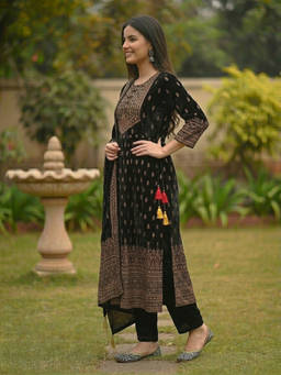 FASHOR - Black Embroidered Round Neck Kurta Pant with Dupatta