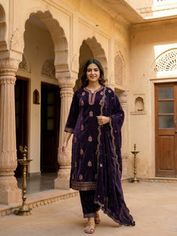 FASHOR - Purple Embroidered Round Neck Kurta Pant with Dupatta