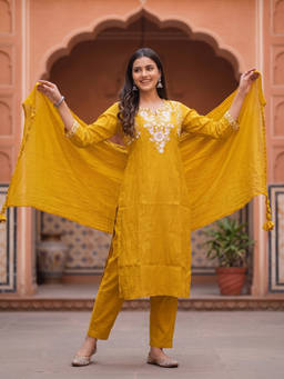 FASHOR - Mustard Solid/Plain Round Neck Kurta Pant with Dupatta