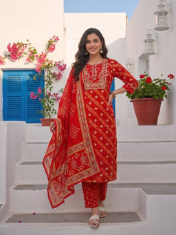 FASHOR - Red Embroidered Round Neck Kurta Pant with Dupatta