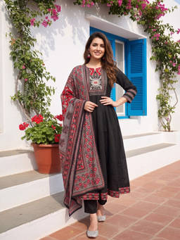 FASHOR - Black Solid/Plain Round Neck Anarkali Kurta Pant with Dupatta