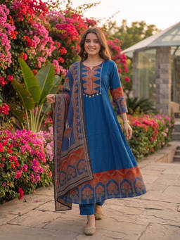 FASHOR - Teal Solid/Plain Round Neck Anarkali Kurta Pant with Dupatta