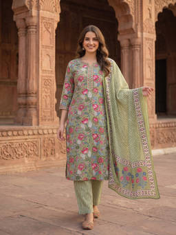FASHOR - Off White Floral Round Neck Kurta Pant with Dupatta