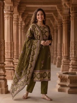 FASHOR - Olive Floral Round Neck Kurta Pant with Dupatta