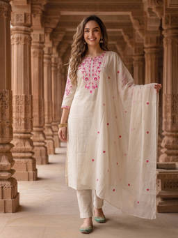 FASHOR - Off White Embroidered Round Neck Kurta Pant with Dupatta