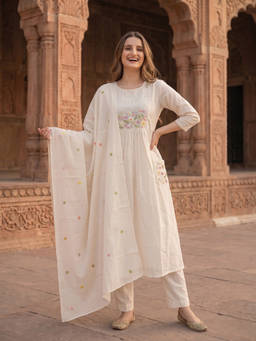 FASHOR - Off White Embroidered Round Neck Kurta Pant with Dupatta