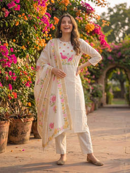 FASHOR - Off White Embroidered Round Neck Kurta Pant with Dupatta