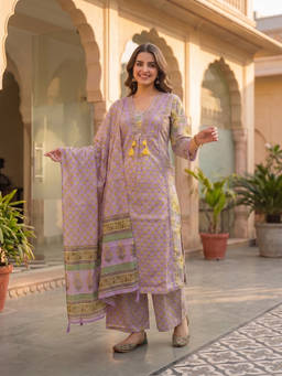 FASHOR - Lavender Floral V-Neck Kurta Pant with Dupatta