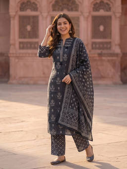 FASHOR - Charcoal Floral Mandarin Neck Kurta Pant with Dupatta