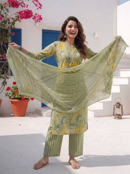 FASHOR - Multi-Color Floral Mandarin Neck Kurta Pant with Dupatta
