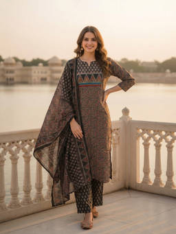 FASHOR - Black Paisley Round Neck Kurta Pant with Dupatta