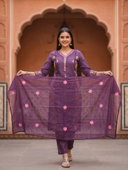 FASHOR - Purple Embroidered V-Neck Kurta Pant with Dupatta
