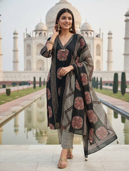 FASHOR - Black Printed V-Neck Kurta Pant with Dupatta