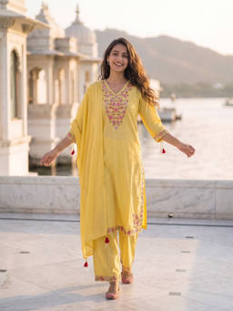 FASHOR - Yellow Embroidered V-Neck Kurta Pant with Dupatta