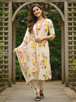 FASHOR - Cream Floral V-Neck Kurta Pant with Dupatta