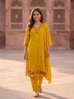 FASHOR - Mustard Embroidered V-Neck Kurta Pant with Dupatta