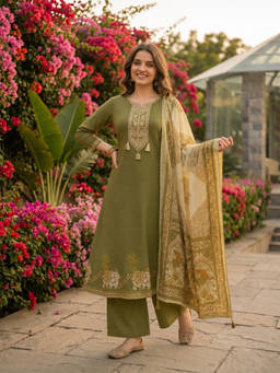 FASHOR - Olive Embroidered Round Neck Kurta Palazzo with Dupatta