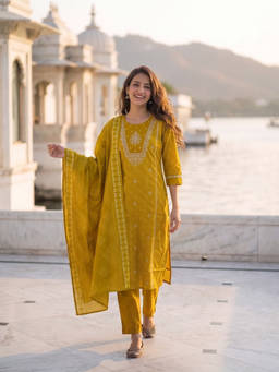 FASHOR - Green Embroidered Round Neck Kurta Pant with Dupatta