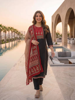 FASHOR - Black Embroidered Round Neck Kurta Pant with Dupatta