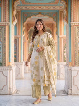 FASHOR - Mustard Floral Round Neck Kurta Pant with Dupatta