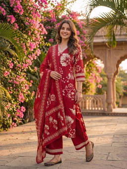 FASHOR - Maroon Floral V-Neck Kurta Pant with Dupatta