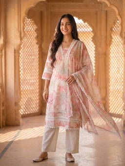FASHOR - Pink Floral V-Neck Kurta Pant with Dupatta