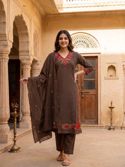 FASHOR - Brown Embroidered V-Neck Kurta Pant with Dupatta