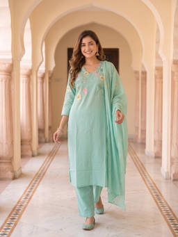 FASHOR - Green Embroidered V-Neck Kurta Pant with Dupatta