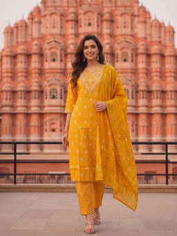 FASHOR - Yellow Embroidered V-Neck Kurta Pant with Dupatta