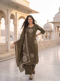 FASHOR - Olive Embroidered Round Neck Kurta Palazzo with Dupatta