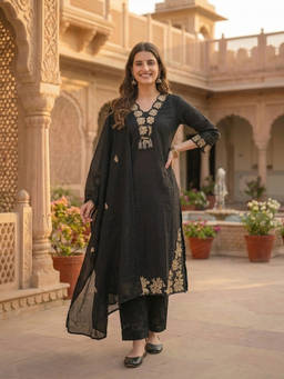 FASHOR - Black Embroidered V-Neck Kurta Pant with Dupatta