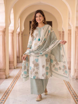 FASHOR - Blue Embroidered Round Neck Kurta Palazzo with Dupatta