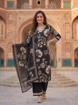 FASHOR - Black Floral V-Neck Kurta Pant with Dupatta