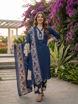 FASHOR - Navy Blue Floral V-Neck Kurta Pant with Dupatta