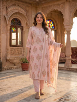 FASHOR - Pink Floral Round Neck Kurta Pant with Dupatta