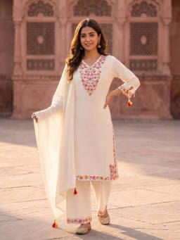 FASHOR - Off White Floral V-Neck Kurta Pant with Dupatta