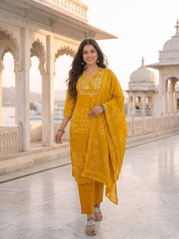 FASHOR - Mustard Printed V-Neck Kurta Pant with Dupatta