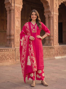 FASHOR - Pink Embroidered V-Neck Kurta Pant with Dupatta