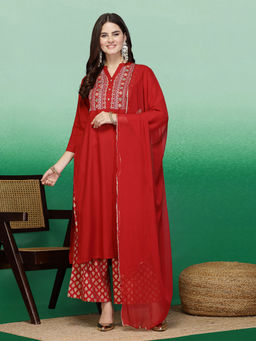 Rama's - Women Maroon Color Embroidery Straight Kurta Palazzo with Dupatta (Set of 3)