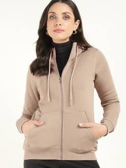 Hancock - Beige Women Front Open Fleece Hooded Neck Hoodie