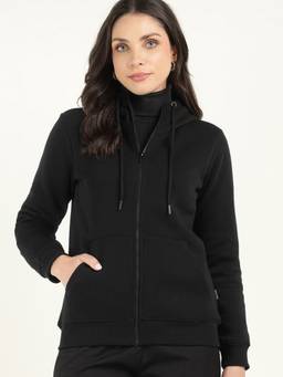 Hancock - Black Women Front Open Fleece Hooded Neck Hoodie