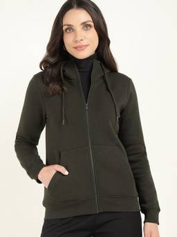 Hancock - Olive Women Front Open Fleece Hooded Neck Hoodie