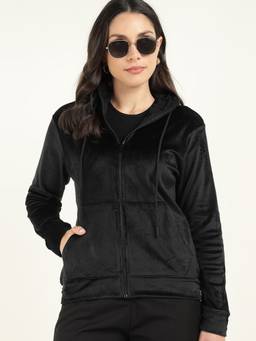 Hancock - Black Women Front Open Velvet Hooded Neck Hoodie