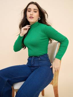98 Degree North - Green Women High Neck Pullover Sweater