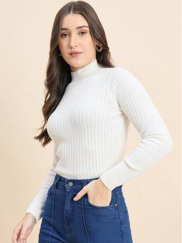 98 Degree North - White Women High Neck Pullover Sweater